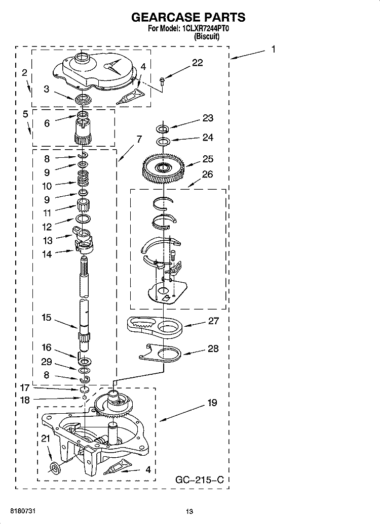 GEARCASE PARTS Diagram and Parts List for 1CLXR7244PT0  Whirlpool Washer