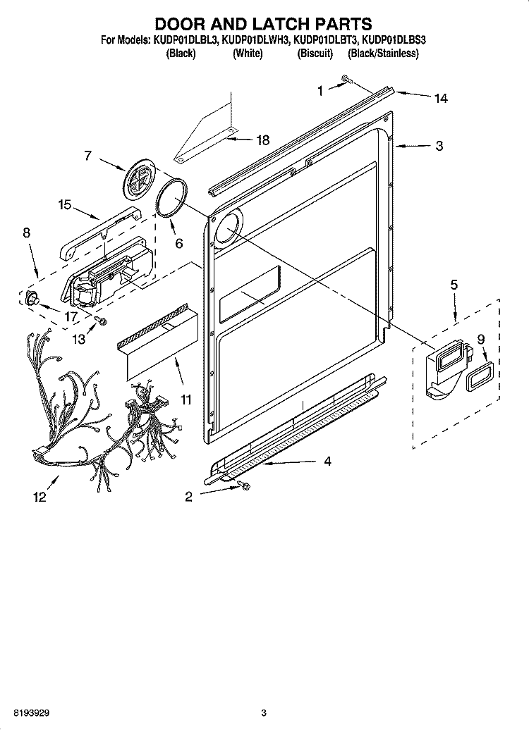 DOOR AND LATCH PARTS Diagram and Parts List for KUDP01DLBL3  KitchenAid Dishwasher