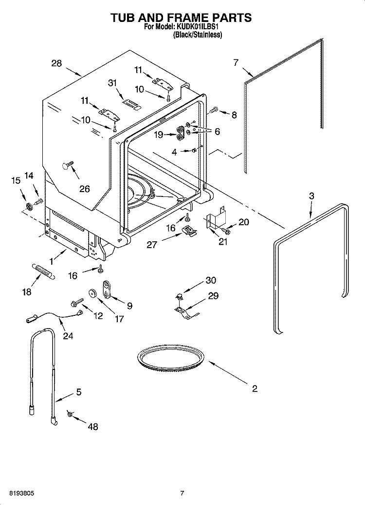 TUB AND FRAME PARTS Diagram and Parts List for KUDK01ILBS1  KitchenAid Dishwasher