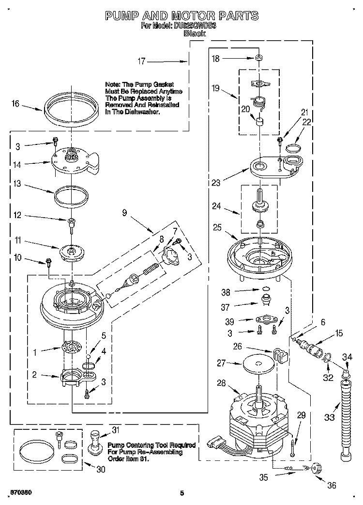 PUMP AND MOTOR Diagram and Parts List for DU925QWDB3  Whirlpool Dishwasher
