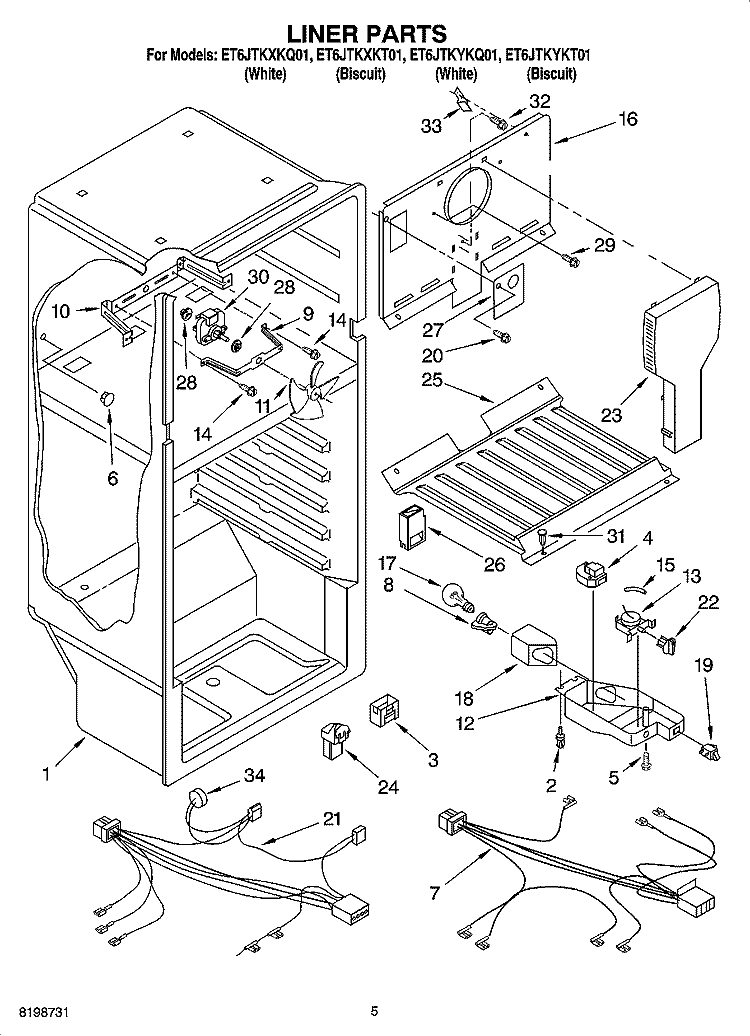 LINER PARTS Diagram and Parts List for ET6JTKYKT01  Whirlpool Refrigerator
