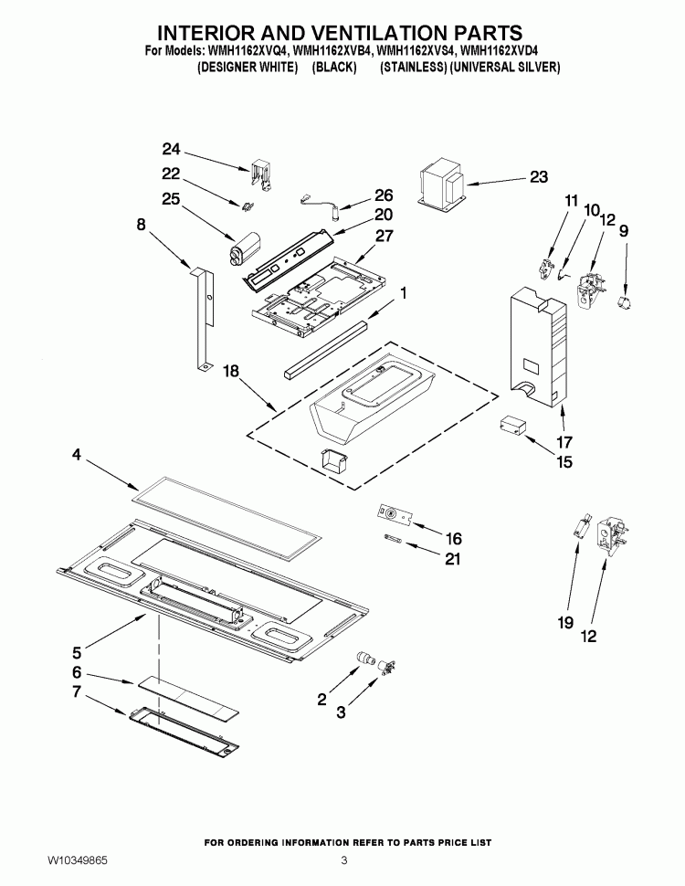 INTERIOR AND VENTILATION PARTS Diagram and Parts List for WMH1162XVQ4  Whirlpool Microwave