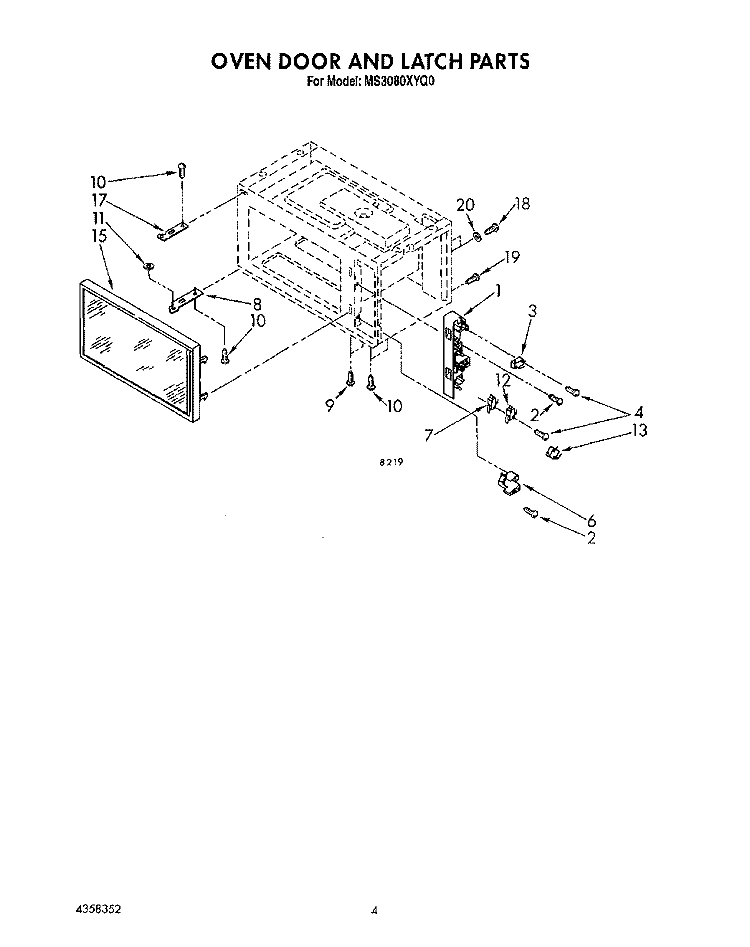 OVEN DOOR AND LATCH Diagram and Parts List for MS3080XYQ0  Whirlpool Microwave