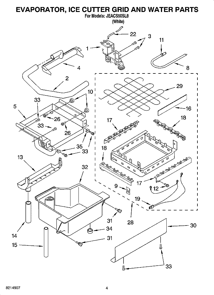 EVAPORATOR ICE CUTTER GRID AND WATER PARTS Diagram and Parts List for JEACS50SL8  Whirlpool Ice Maker