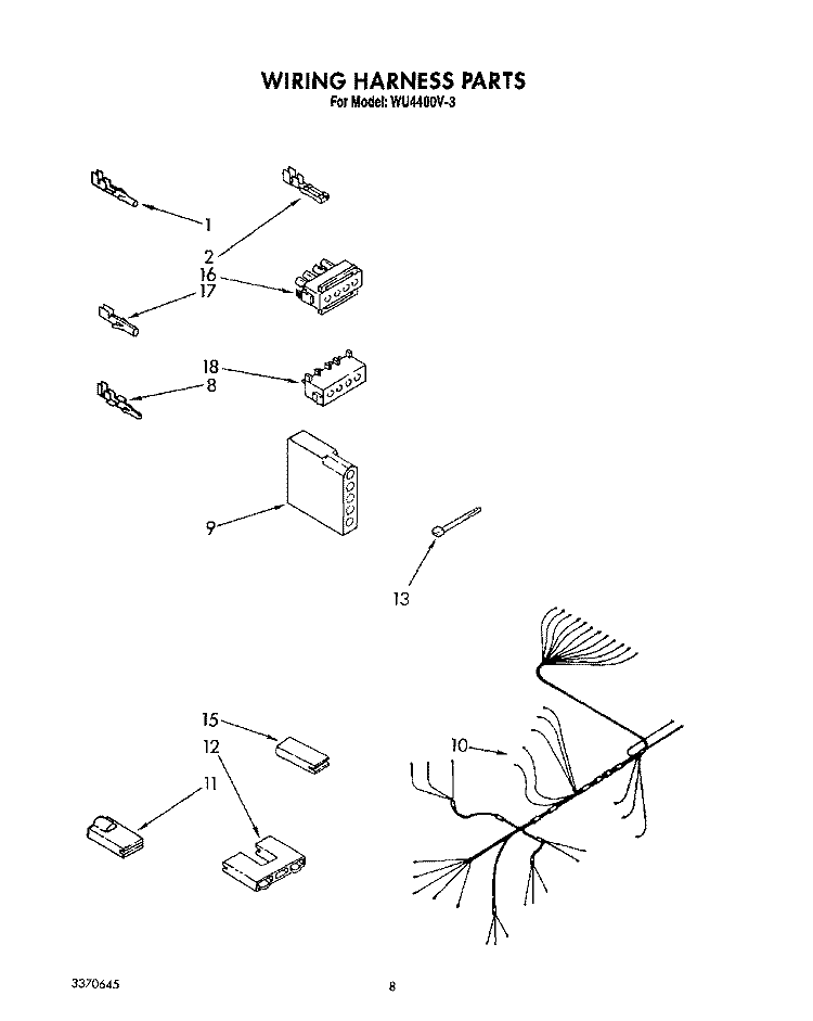 WIRING HARNESS Diagram and Parts List for WU4400V3  Roper Dishwasher