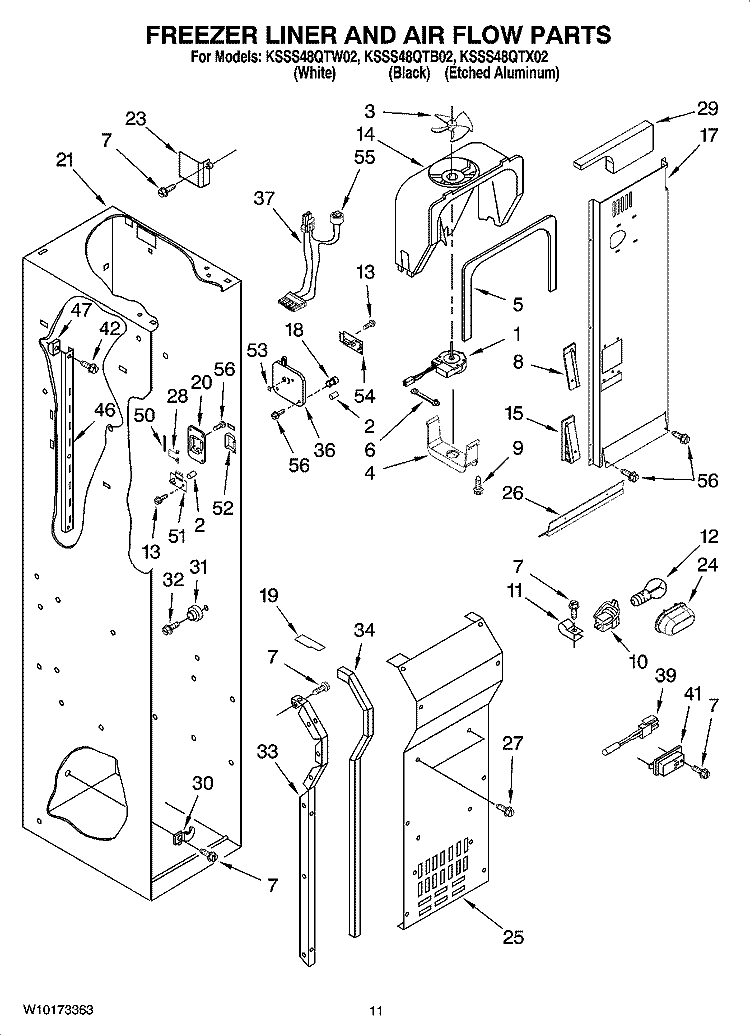 FREEZER LINER AND AIR FLOW PARTS Diagram and Parts List for KSSS48QTB02  KitchenAid Refrigerator