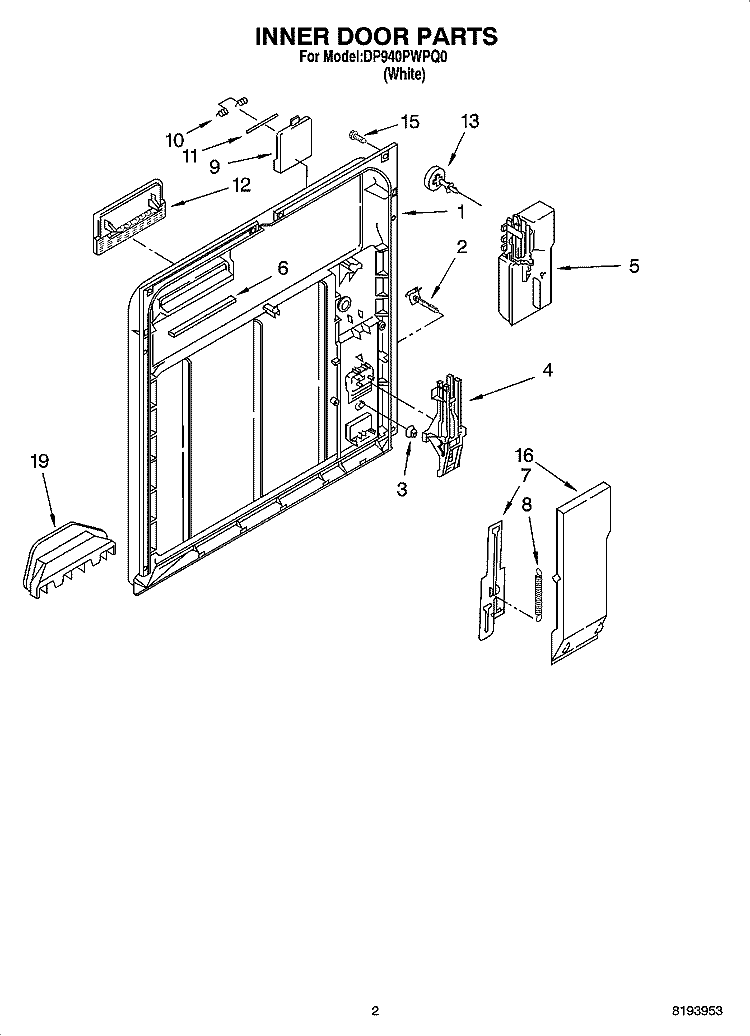 INNER DOOR PARTS Diagram and Parts List for DP940PWPQ0  Whirlpool Dishwasher