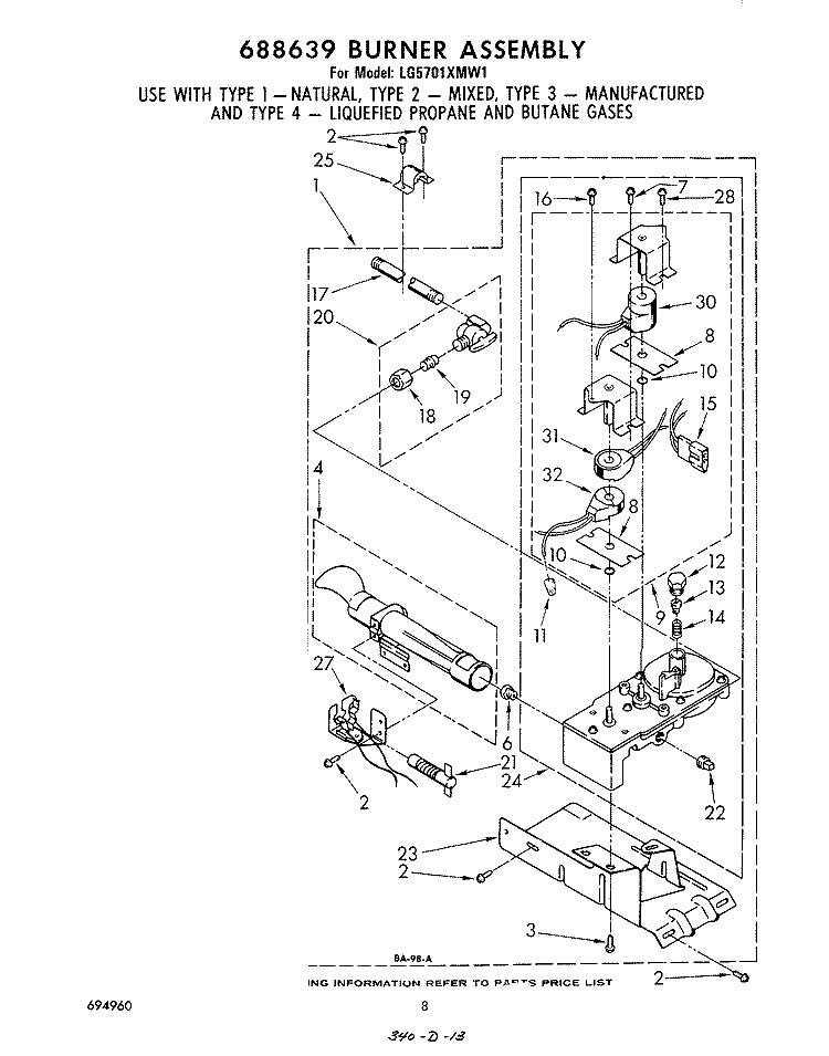 688639 BURNER Diagram and Parts List for LG5701XMW1  Whirlpool Dryer