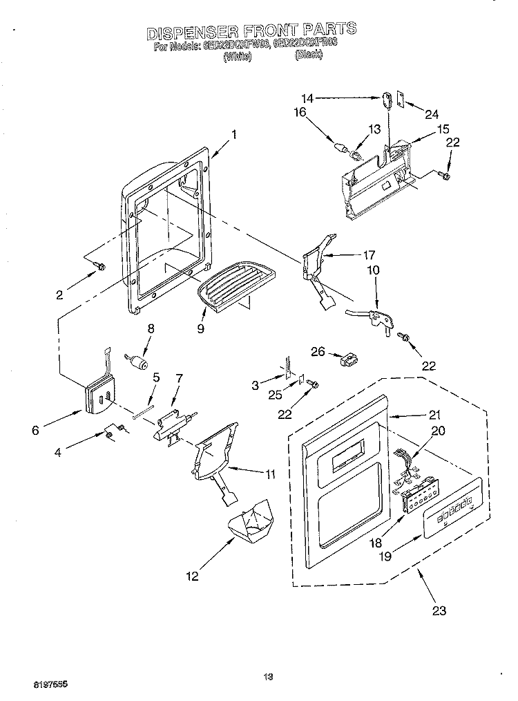 DISPENSER FRONT Diagram and Parts List for 6ED22DQXFB03  Whirlpool Refrigerator