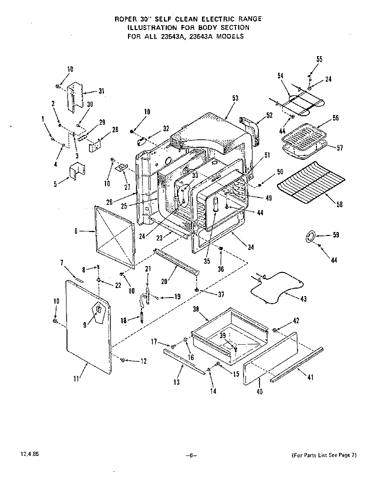 BODY Diagram and Parts List for 2364W3A  Roper Range