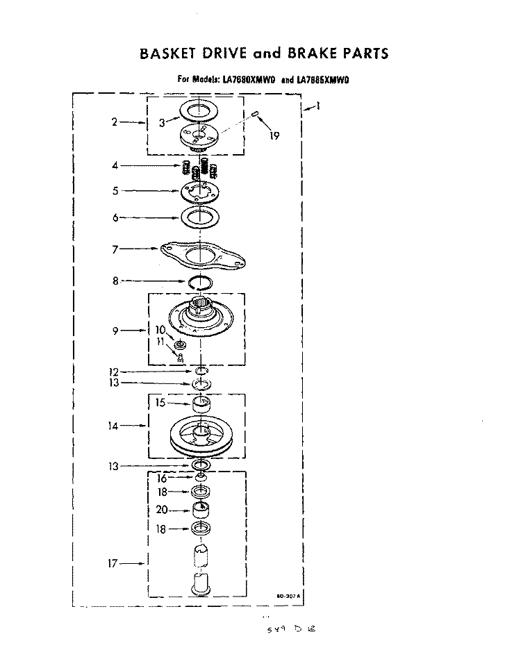BASKET DRIVE AND BRAKE Diagram and Parts List for LA7685XMW0  Whirlpool Washer