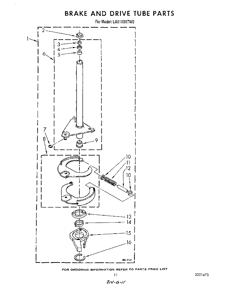 BRAKE AND DRIVE TUBE Diagram and Parts List for LA6150XTF0  Whirlpool Washer