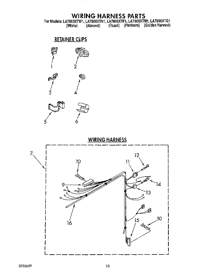 WIRING HARNESS Diagram and Parts List for LA7800XTM1  Whirlpool Washer