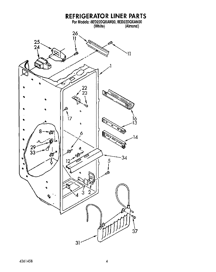 REFRIGERATOR LINER Diagram and Parts List for 8ED22DQXAN00  Whirlpool Refrigerator