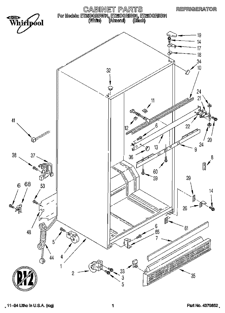 CABINET Diagram and Parts List for ET25DQRBN01  Whirlpool Refrigerator