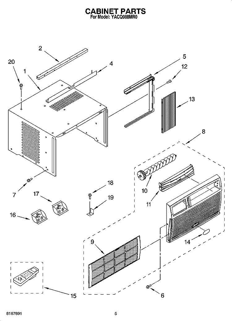 CABINET PARTS Diagram and Parts List for YACQ088MR0  Whirlpool Air Conditioner