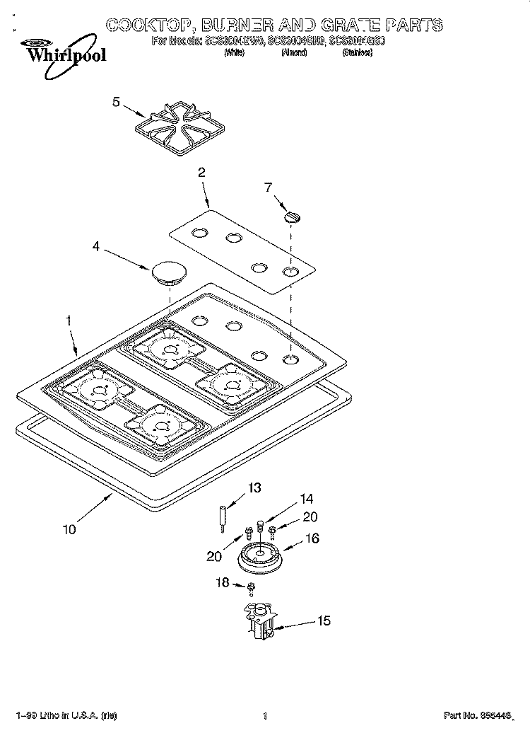 COOKTOP, BURNER AND GRATE Diagram and Parts List for SCS3004GN0  Whirlpool Cooktop