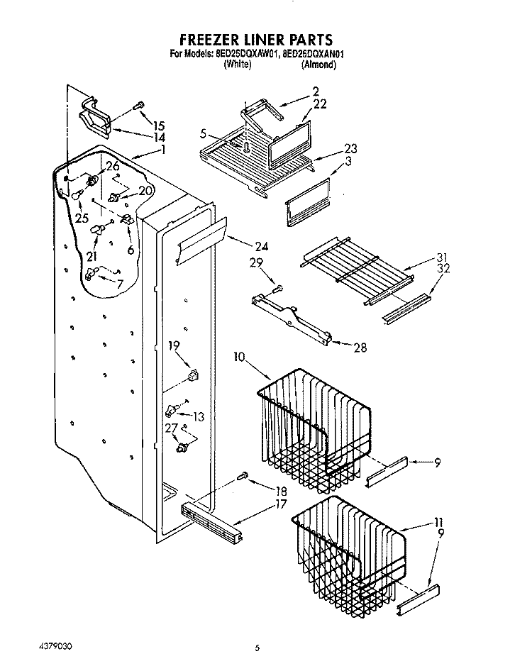 FREEZER LINER Diagram and Parts List for 8ED25DQXAN01  Whirlpool Refrigerator