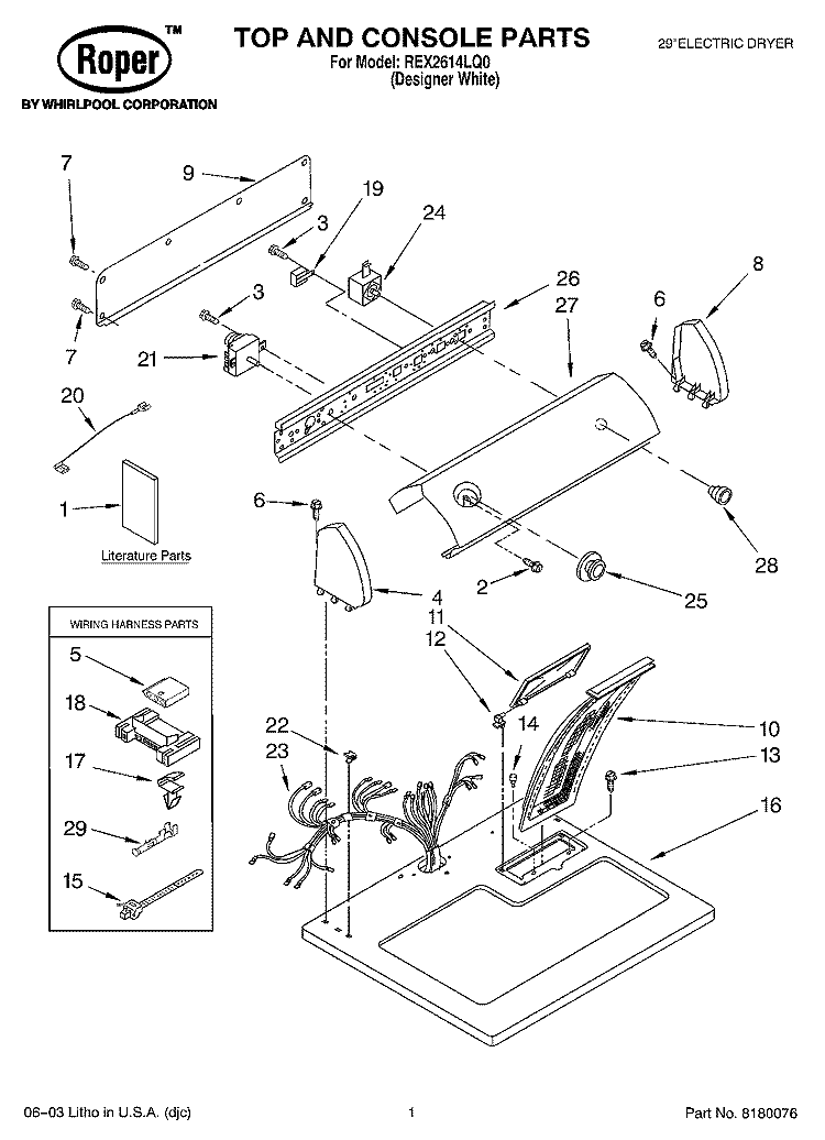 TOP AND CONSOLE PARTS Diagram and Parts List for REX2614LQ0  Roper Dryer
