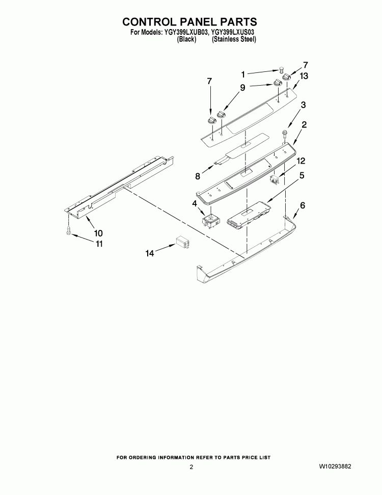 CONTROL PANEL PARTS Diagram and Parts List for YGY399LXUB03  Whirlpool Range