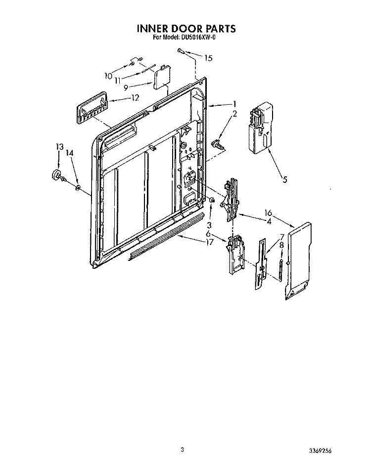 INNER DOOR Diagram and Parts List for DU5016XW0  Whirlpool Dishwasher