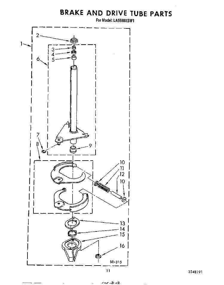 BRAKE AND DRIVE TUBE Diagram and Parts List for LA5580XSW1  Whirlpool Washer
