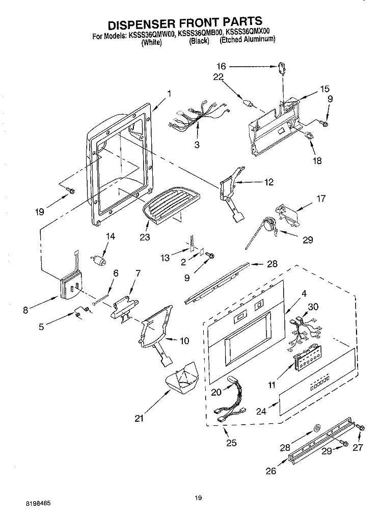 DISPENSER AND FRONT PARTS Diagram and Parts List for KSSS36QMB00  KitchenAid Refrigerator