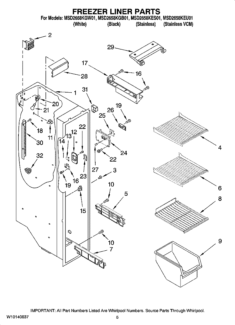 FREEZER LINER PARTS Diagram and Parts List for MSD2658KGB01  Whirlpool Refrigerator