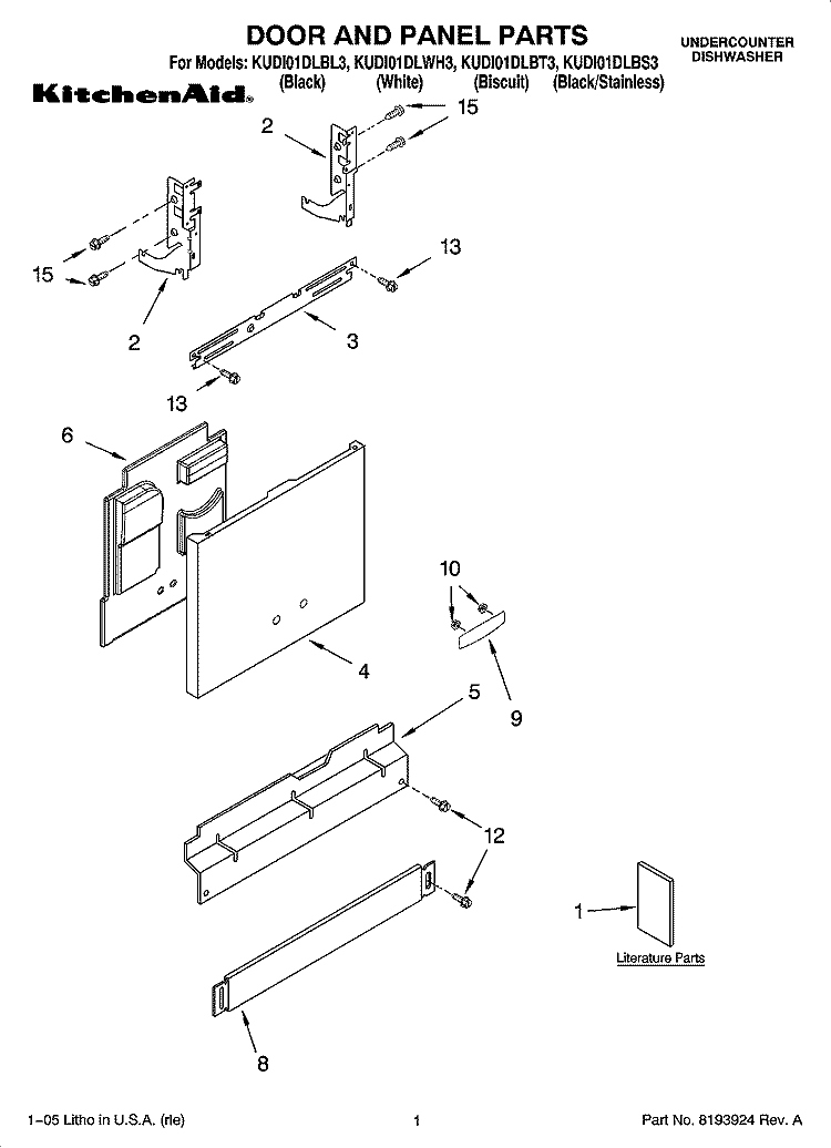 DOOR AND PANEL PARTS Diagram and Parts List for KUDI01DLBL3  KitchenAid Dishwasher