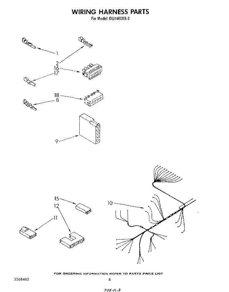 WIRING HARNESS Diagram and Parts List for DU7400XS2  Whirlpool Dishwasher