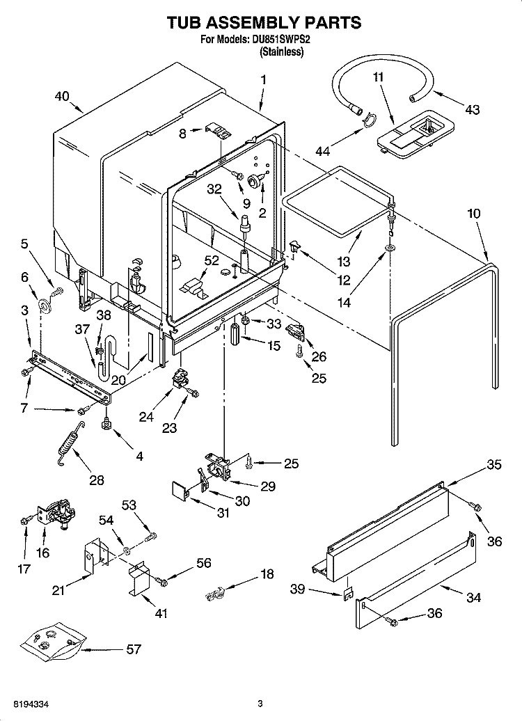 TUB ASSEMBLY PARTS Diagram and Parts List for DU851SWPS2  Whirlpool Dishwasher