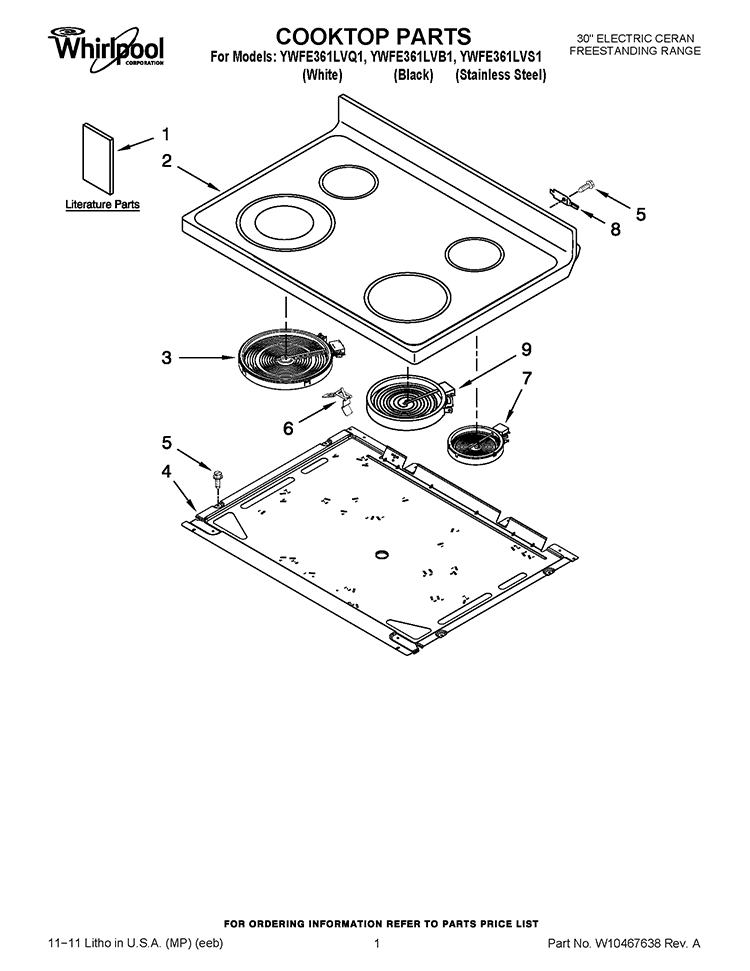COOKTOP PARTS Diagram and Parts List for YWFE361LVB1  Whirlpool Range