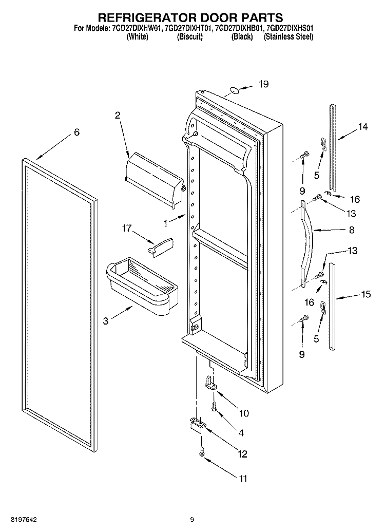 REFRIGERATOR DOOR Diagram and Parts List for 7GD27DIXHS01  Whirlpool Refrigerator