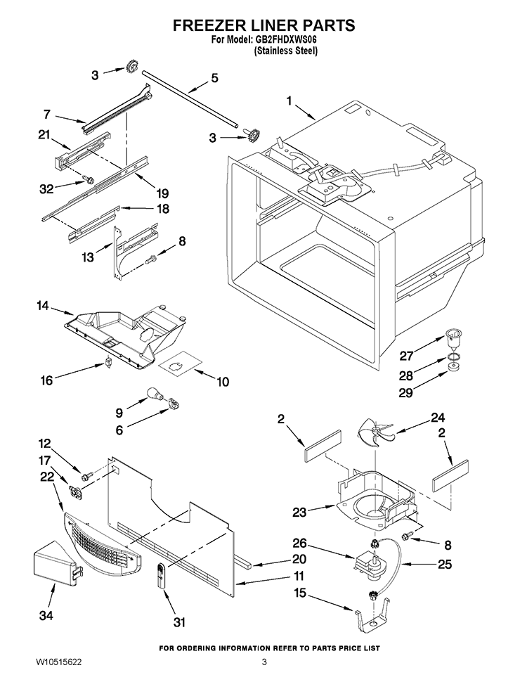 FREEZER LINER PARTS Diagram and Parts List for GB2FHDXWS06  Whirlpool Refrigerator