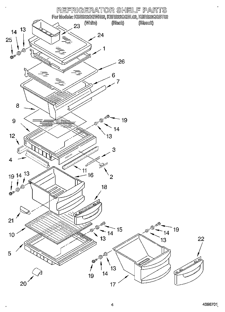 REFRIGERATOR SHELF Diagram and Parts List for KSRS22QGWH02  KitchenAid Refrigerator