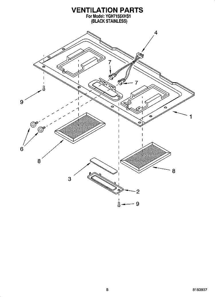 VENTILATION PARTS Diagram and Parts List for YGH7155XHS1  Whirlpool Microwave