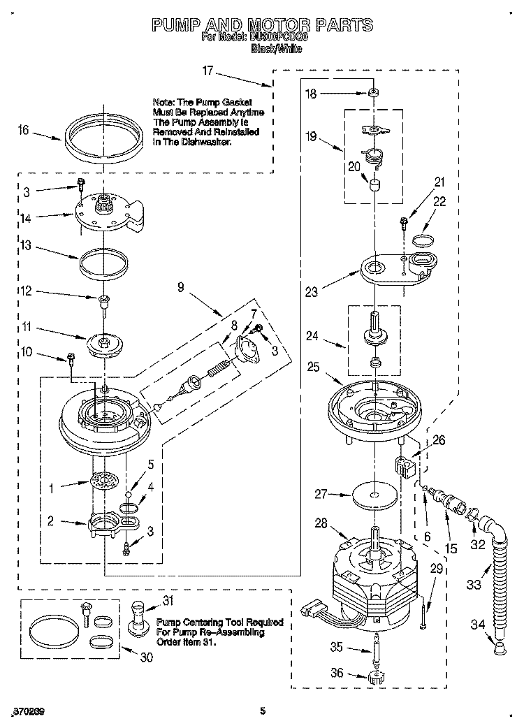 PUMP AND MOTOR Diagram and Parts List for DU900PCDQ0  Whirlpool Dishwasher