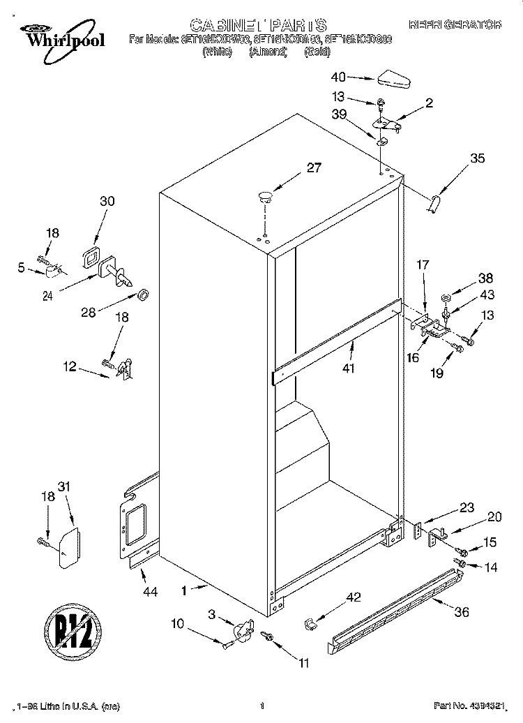 CABINET Diagram and Parts List for 8ET16NKXDG03  Whirlpool Refrigerator