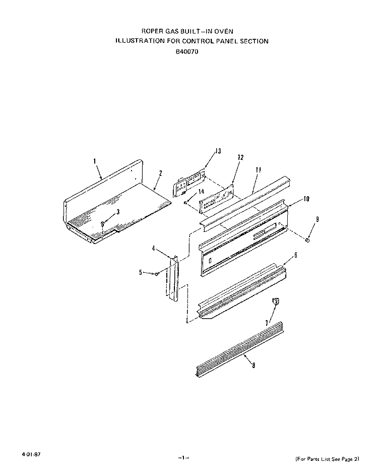 CONTROL PANEL Diagram and Parts List for B4007X0  Roper Range