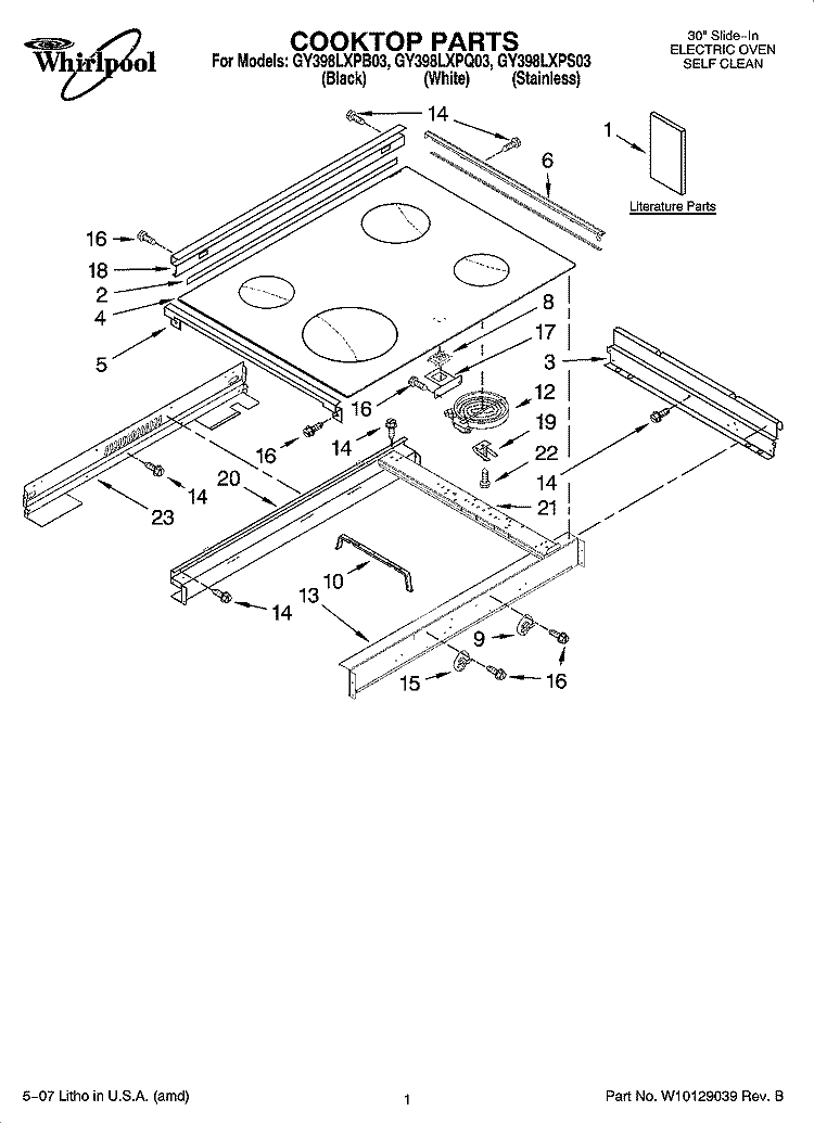 COOKTOP PARTS Diagram and Parts List for GY398LXPB03  Whirlpool Range