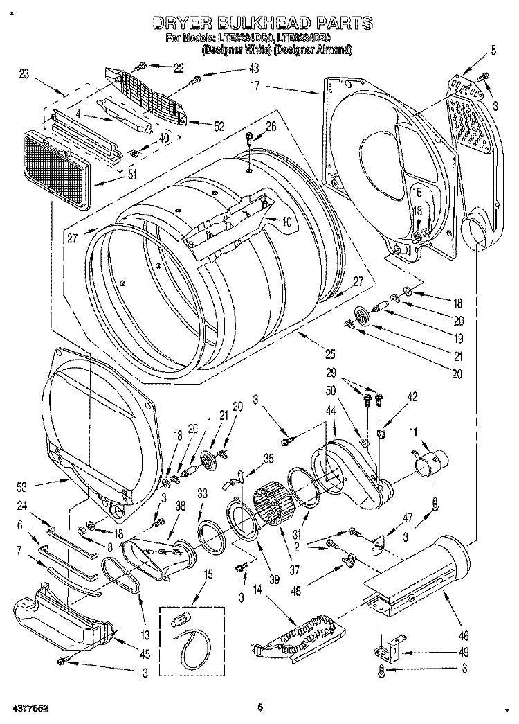 DRYER BULKHEAD Diagram and Parts List for LTE6234DQ0  Whirlpool Washer Dryer Combo