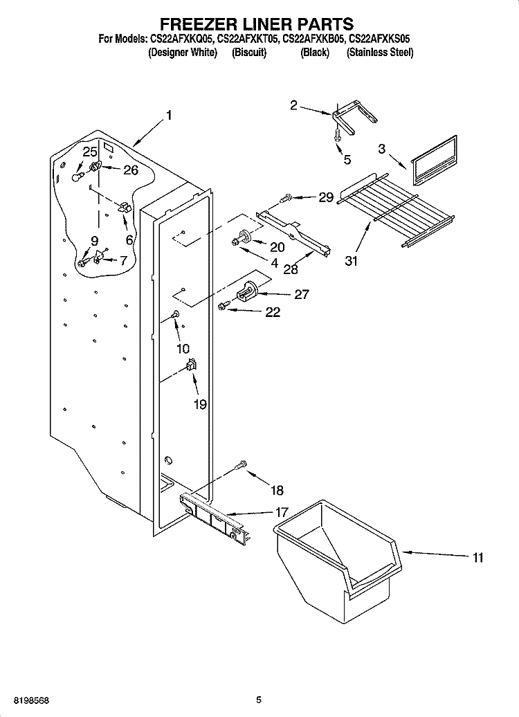 FREEZER LINER PARTS Diagram and Parts List for CS22AFXKQ05  Crosley Refrigerator