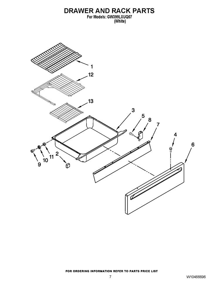 DRAWER AND RACK PARTS Diagram and Parts List for GW399LXUQ07  Whirlpool Range