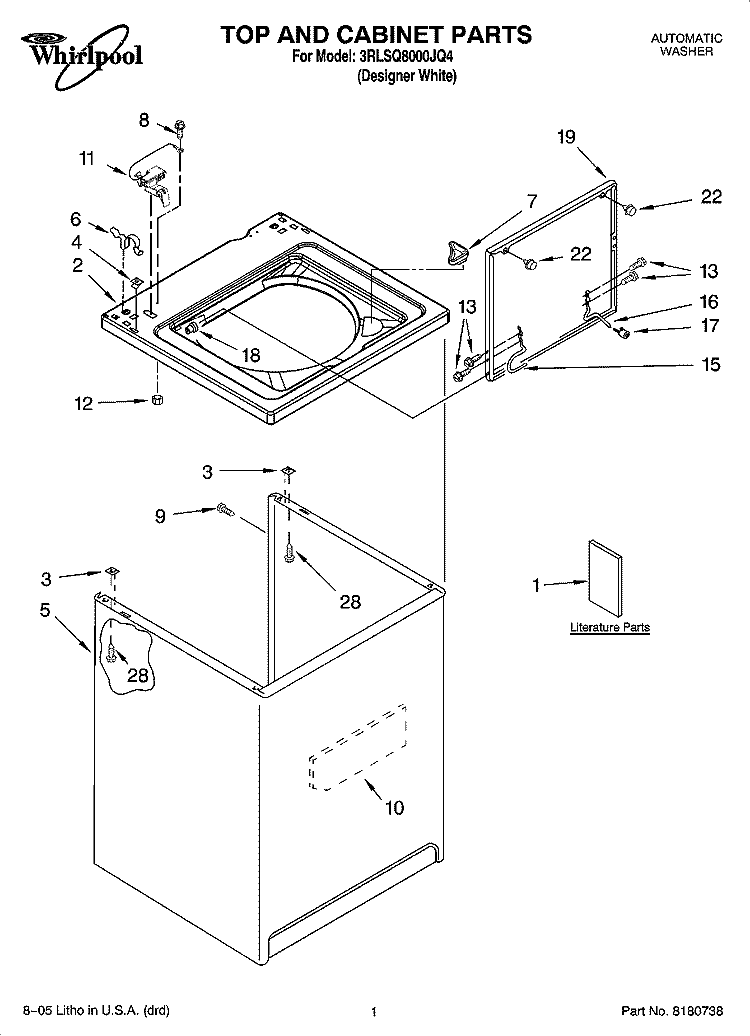 TOP AND CABINET PARTS Diagram and Parts List for 3RLSQ8000JQ4  Whirlpool Washer