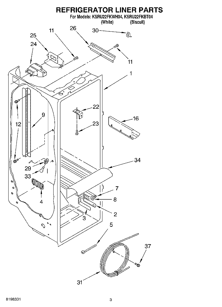 REFRIGERATOR LINER Diagram and Parts List for KSRU22FKWH04  KitchenAid Refrigerator