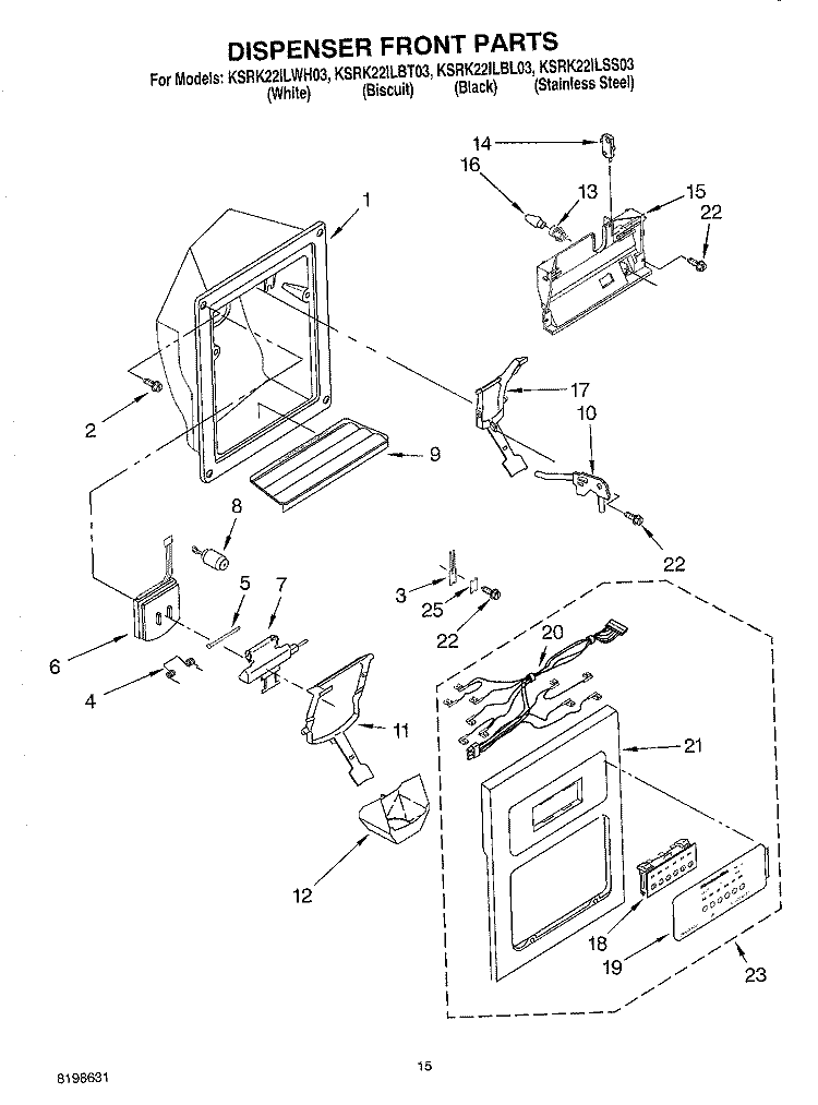 DISPENSER FRONT PARTS Diagram and Parts List for KSRK22ILBT03  KitchenAid Refrigerator