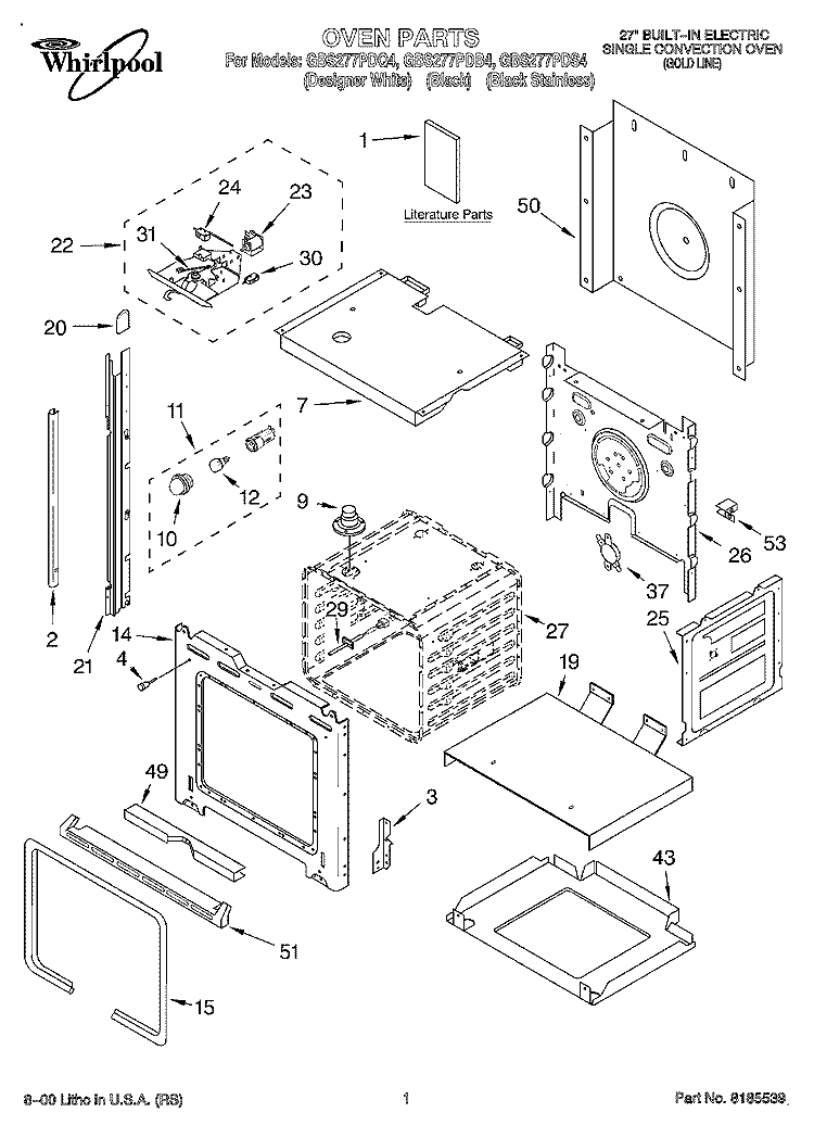 OVEN, LITERATURE Diagram and Parts List for GBS277PDQ4  Whirlpool Wall Oven