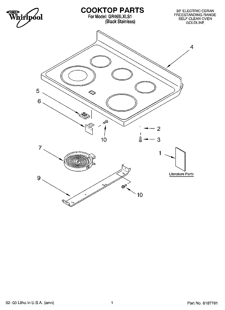 COOKTOP PARTS Diagram and Parts List for GR465LXLS1  Whirlpool Range