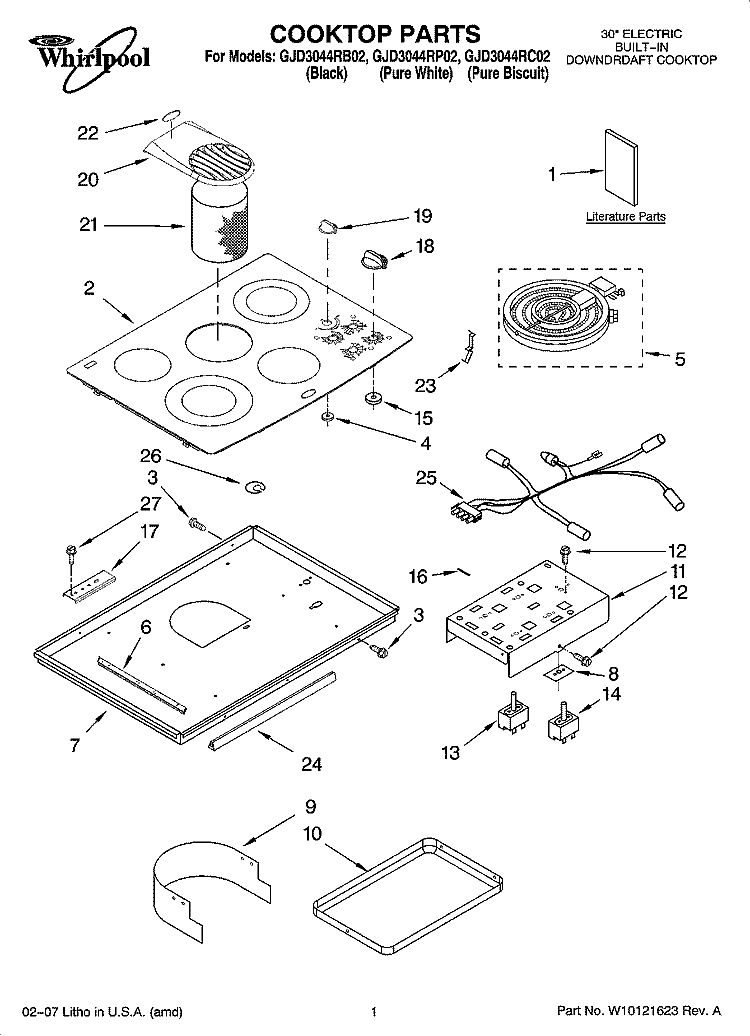 COOKTOP PARTS Diagram and Parts List for GJD3044RP02  Whirlpool Cooktop