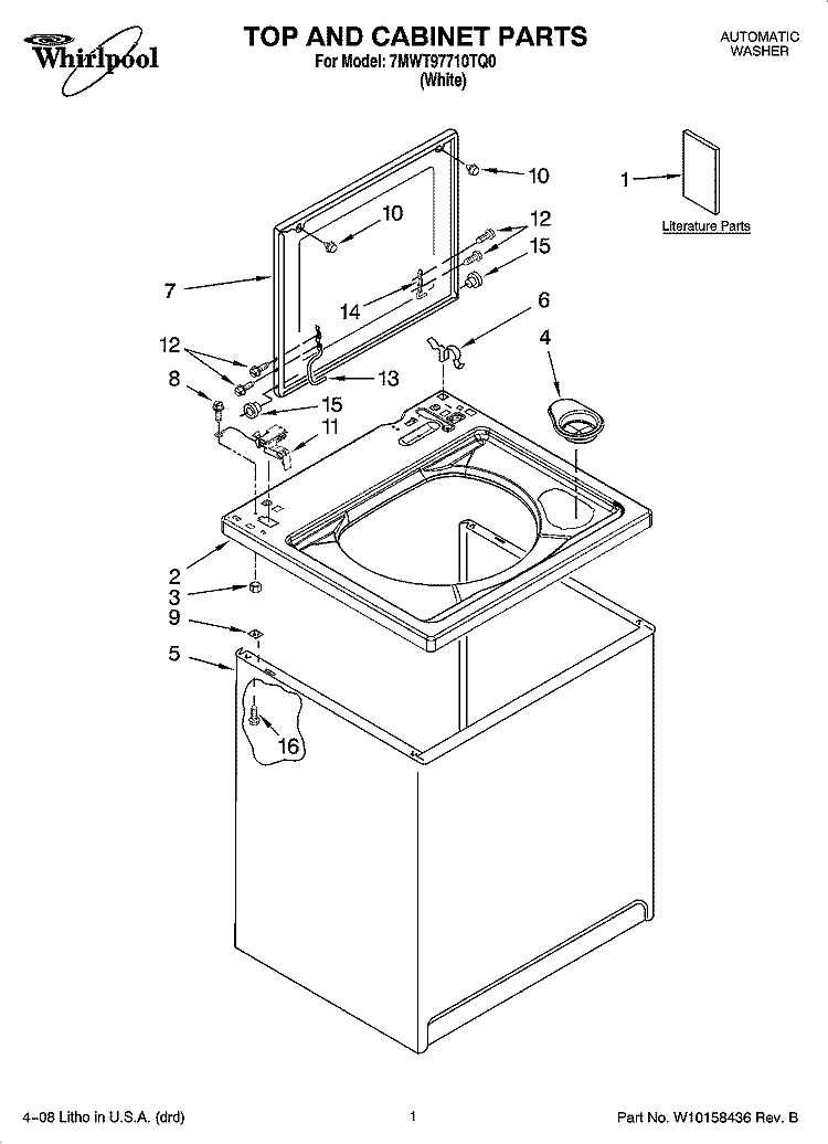TOP AND CABINET PARTS Diagram and Parts List for 7MWT97710TQ0  Whirlpool Washer